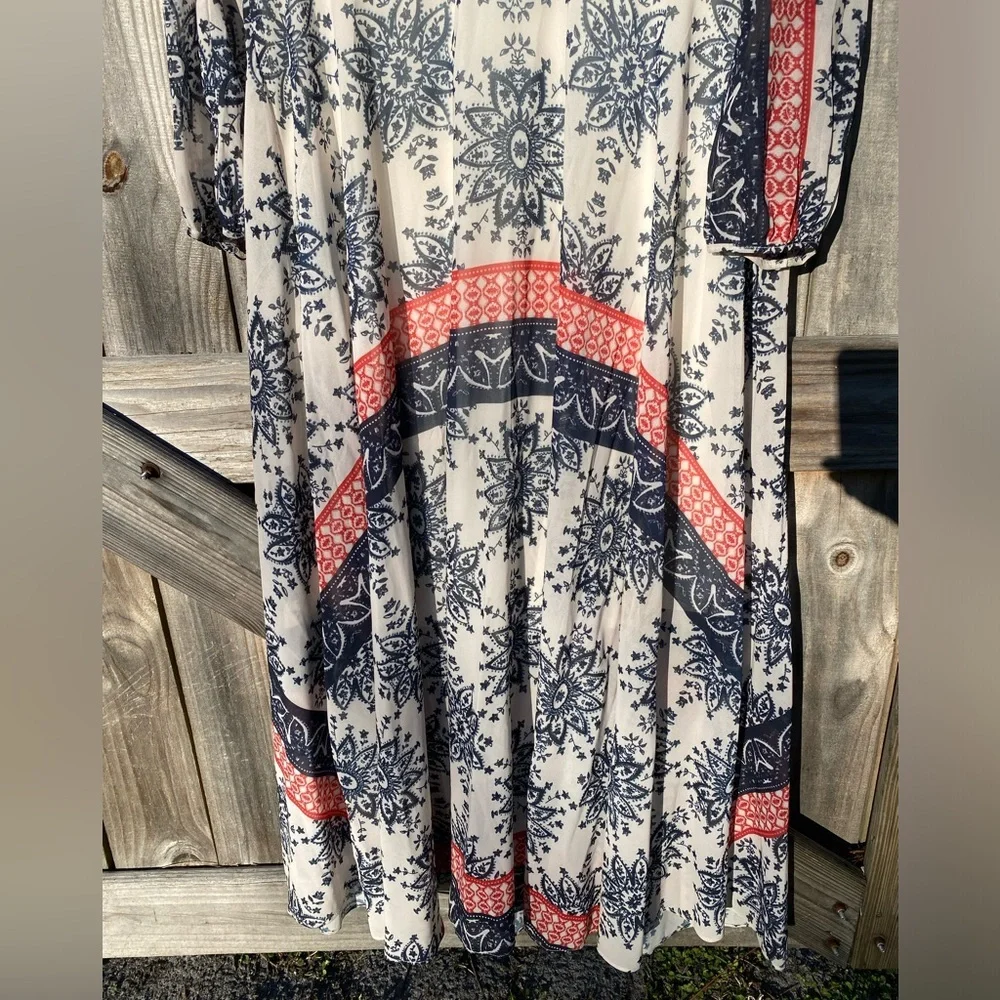 Boho Maxi Dress in Cream with Navy & Coral Accents